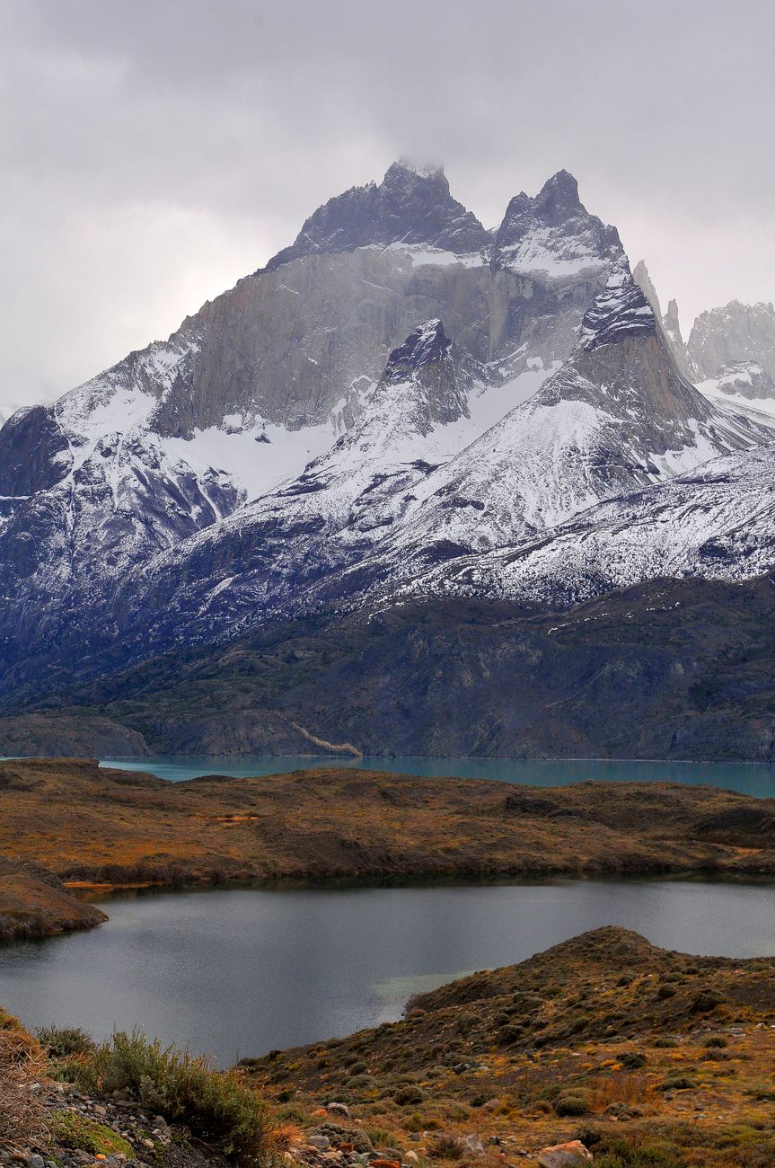 Torres del Paine granite peaks reflected in lake